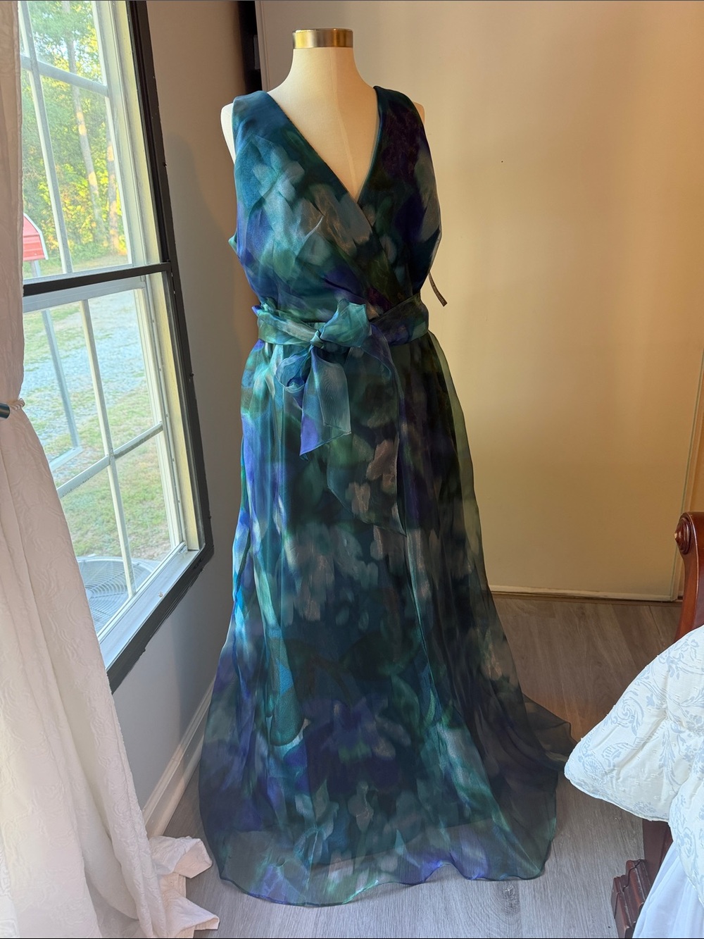 R&M Richards Teal and Navy Watercolor Floral Maxi Dress with Waist Tie 16w
